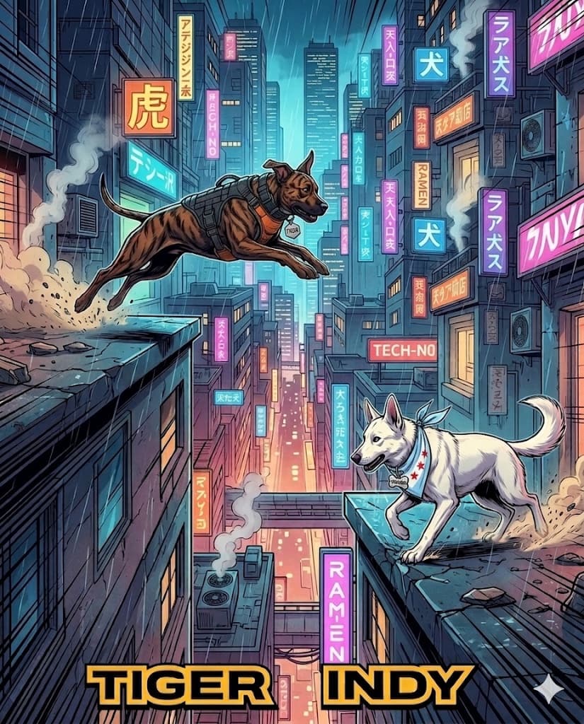 Tiger and Indy overlooking the city